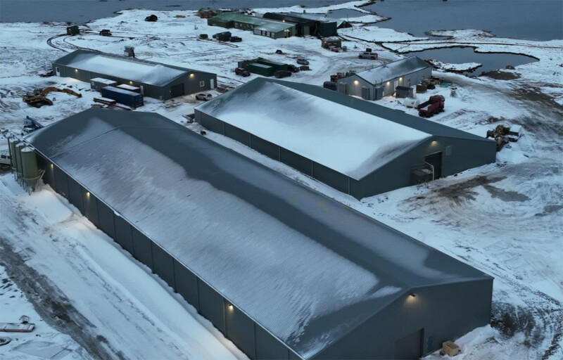 An aerial view of Kaldvik's land-based smolt operations
