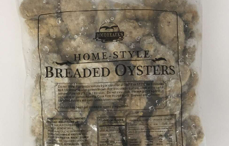 A package of frozen breaded oysters with the Boudreaux brand on it