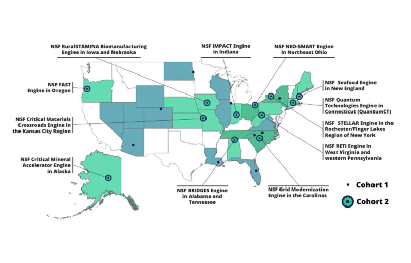 A map of the U.S. showing the locations of the National Science Foundation's "Regional Innovation Engines"