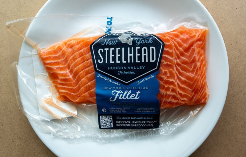 A packaged piece of Hudson Valley Fisheries steelhead trout