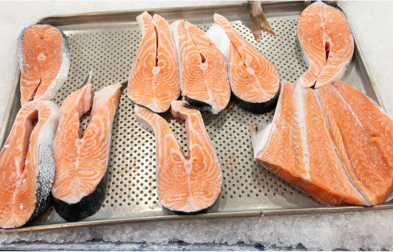 salmon on ice prepared to be sold in Norway