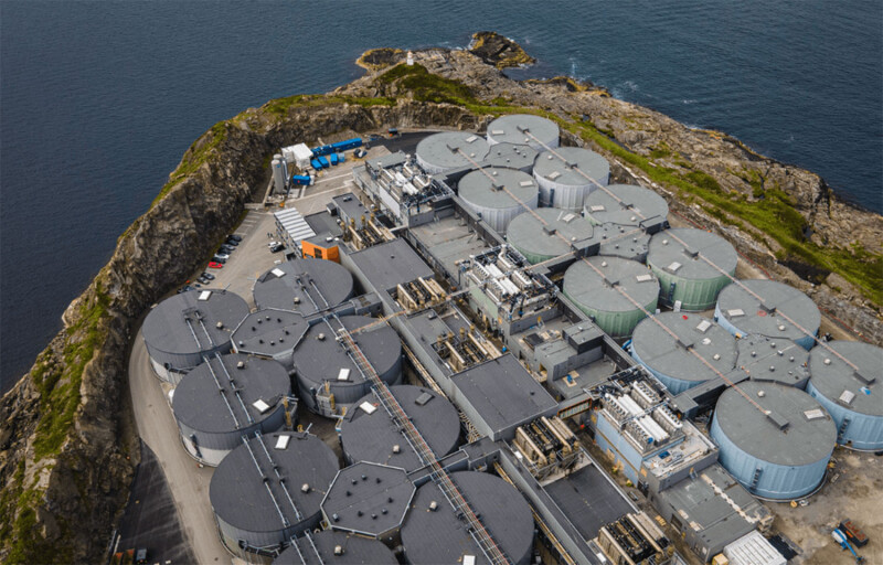 An aerial view of Salmon Evolution's salmon farm in Norway