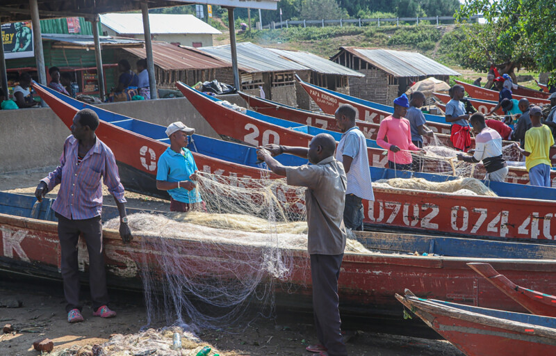 Uganda fishermen untangling a net