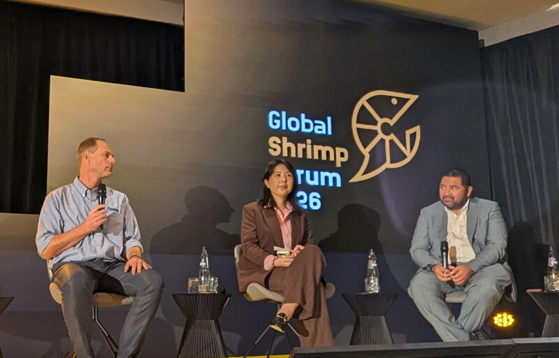 Kelly Wang talks China's shrimp imports during a panel at the Global Shrimp Forum