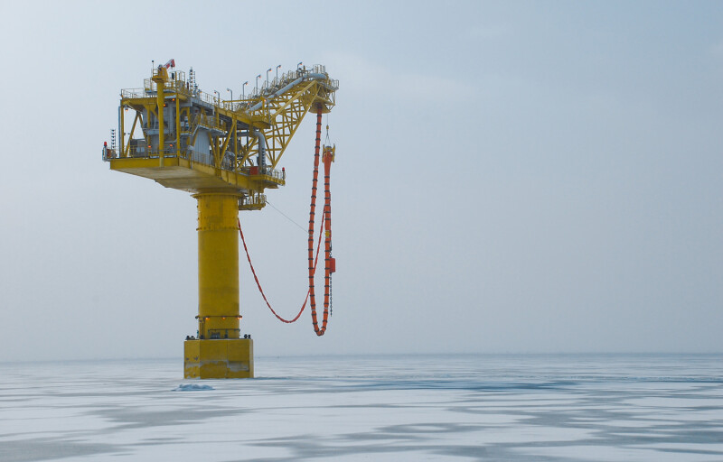 A natural gas tanker filling rig in the Arctic near Russia