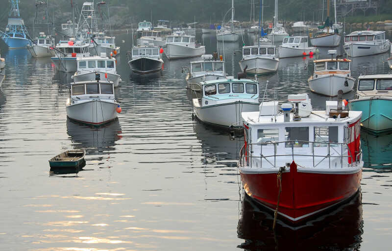 A fleet of Maine lobster boats in Perkins Cove, Maine