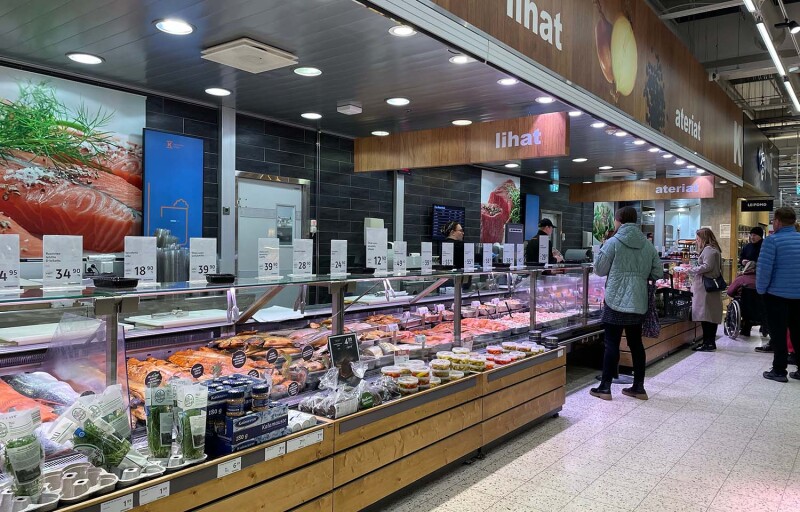 A seafood section in a grocery store in Finland