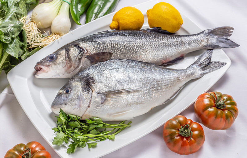 A photo of a sea bass and sea bream