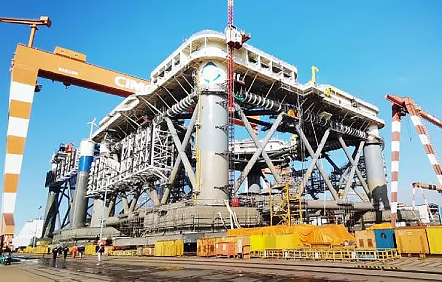 An offshore mariculture platform on a dock
