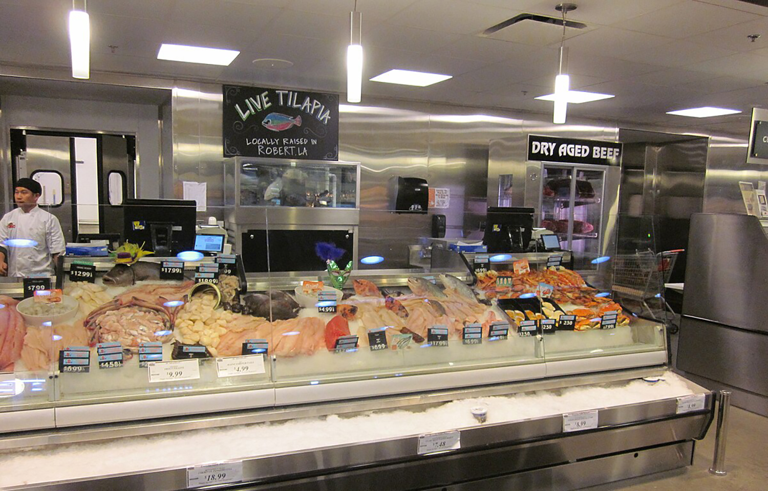 A fresh seafood counter at a Rouses supermarket in New Orleans, Louisiana, U.S.A.