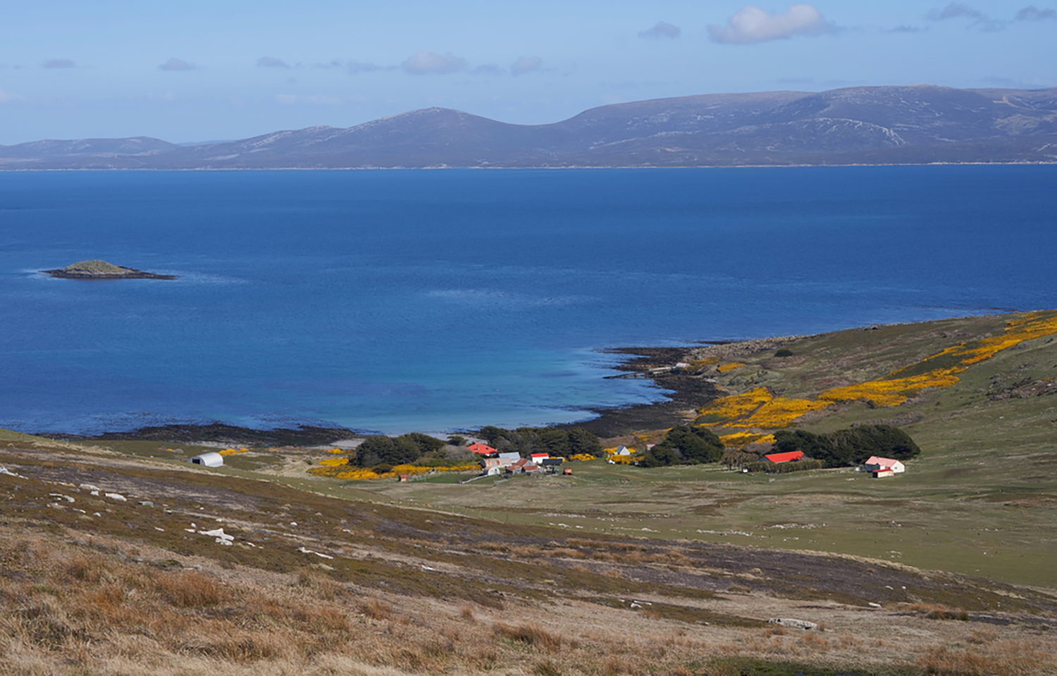 An aerial shot of the water off the Falkland Islands with a farm in the foreground