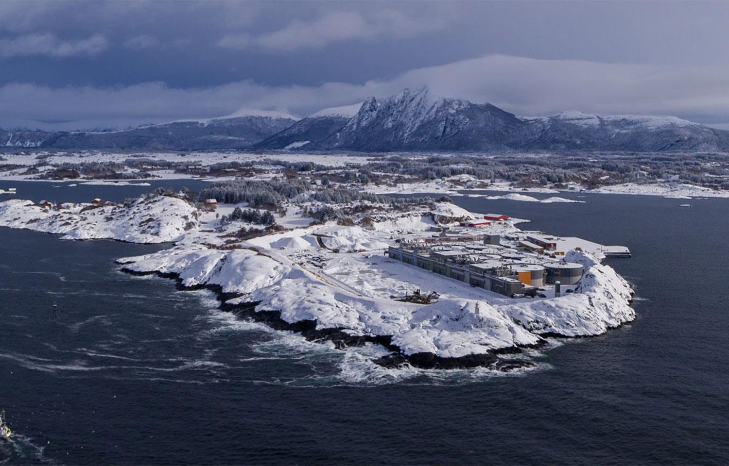 An aerial view of Salmon Evolution's land-based salmon farming facility in Norway.
