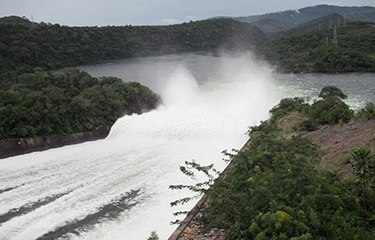The Akosombo Dam in Ghana spilling water.