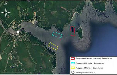 The proposed sites for new aquaculture leases in Liverpool Bay, Nova Scotia.