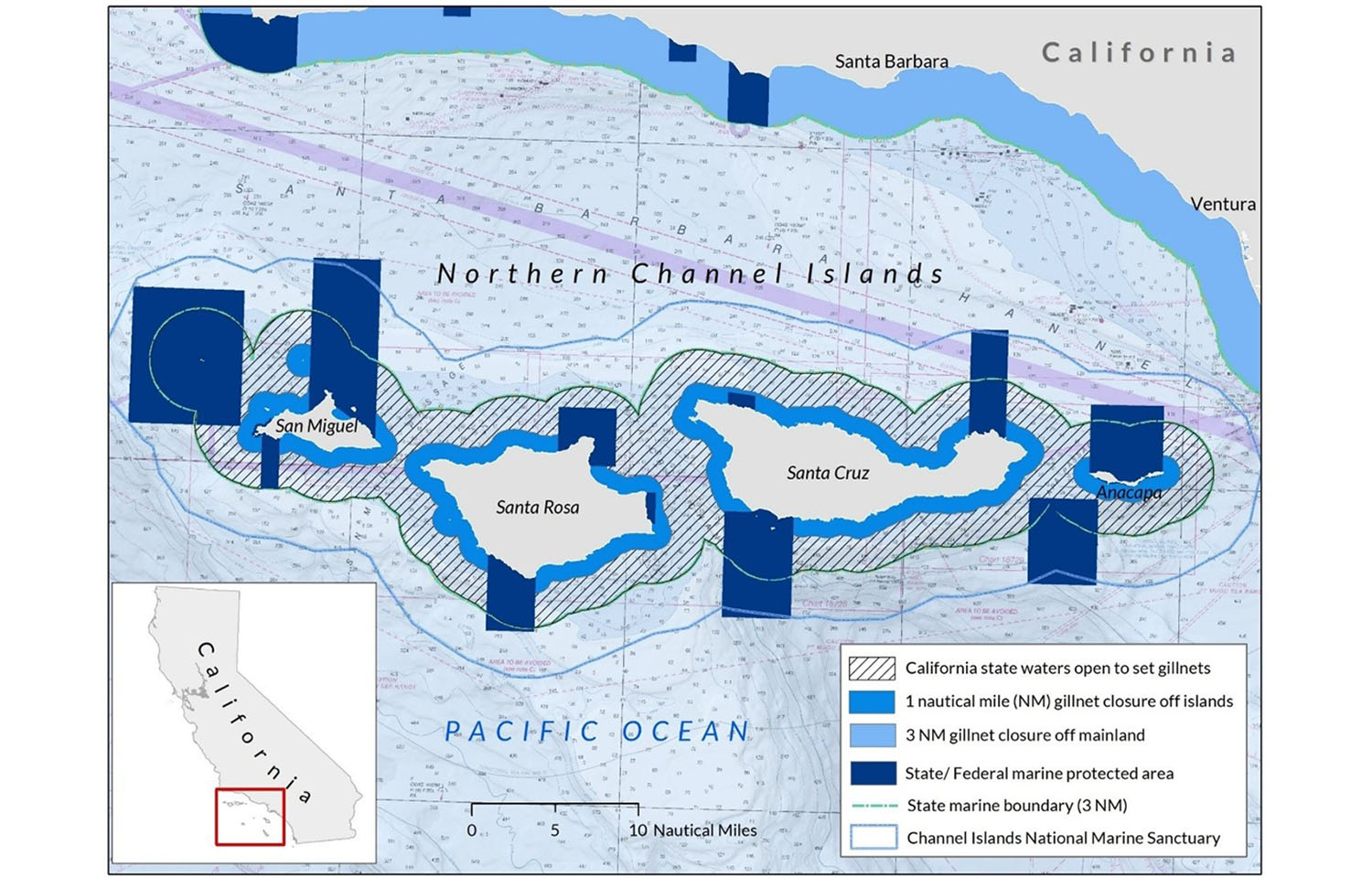 A map of the Channel Islands showing where gillnets were still allowed