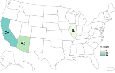 A map of states where residents have been sickened by salmonella believed to have originated at a Mariscos Bahia facility in California.