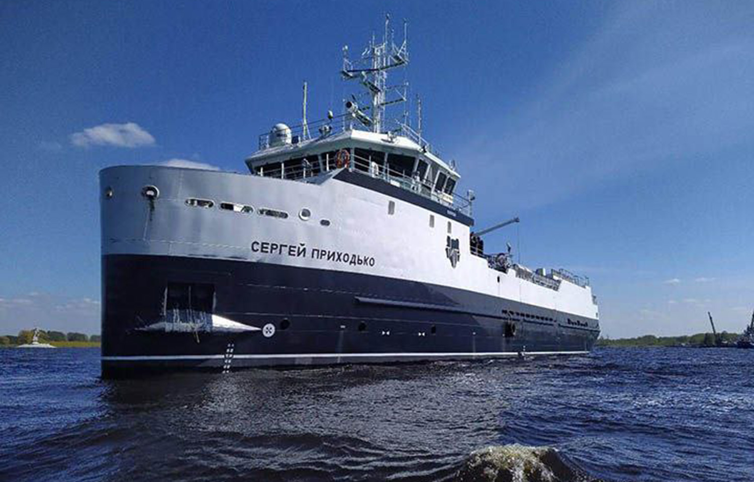 Russian crab fishing vessel Sergey Prikhodko floating on the water soon after its maiden voyage