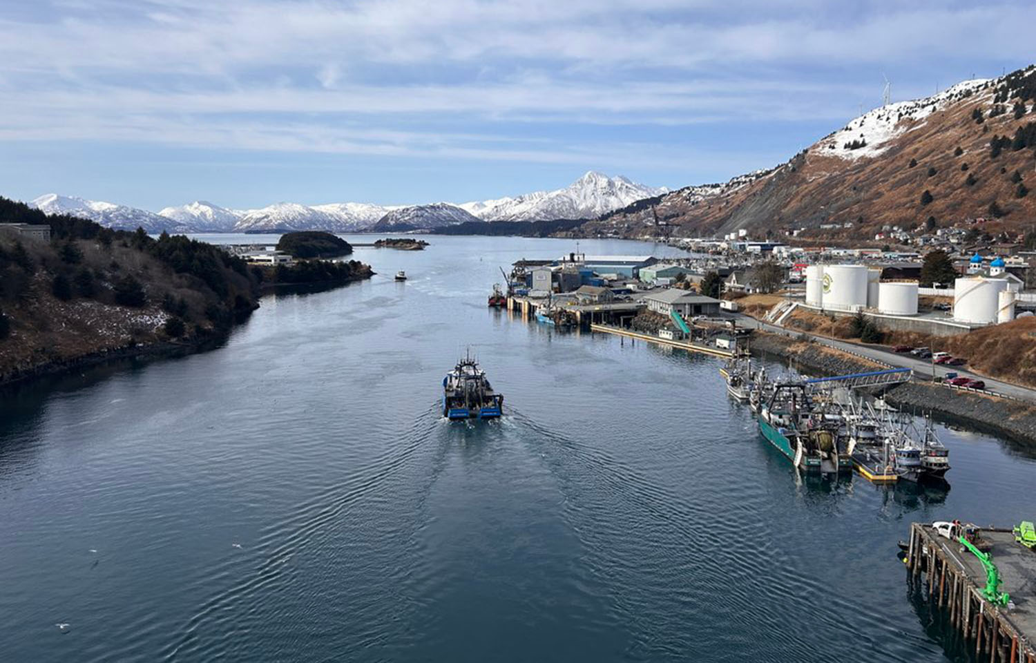 A fishing harbor in Alaska from the air.
