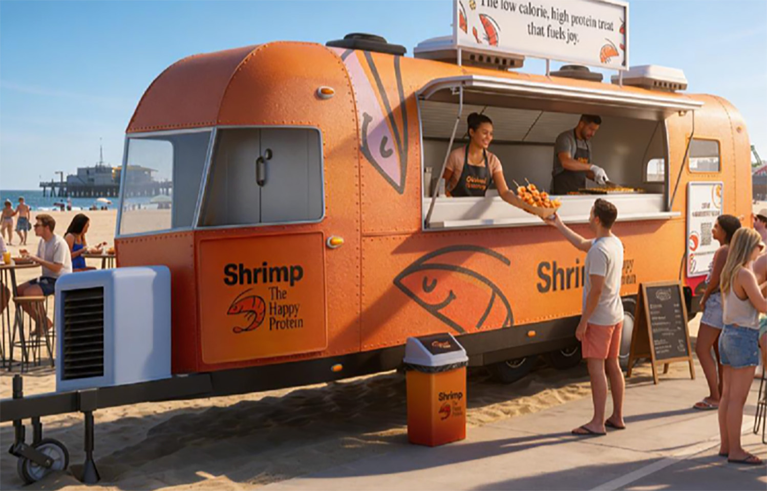 An AI-generated rendering of an orange truck serving shrimp to people on the beach