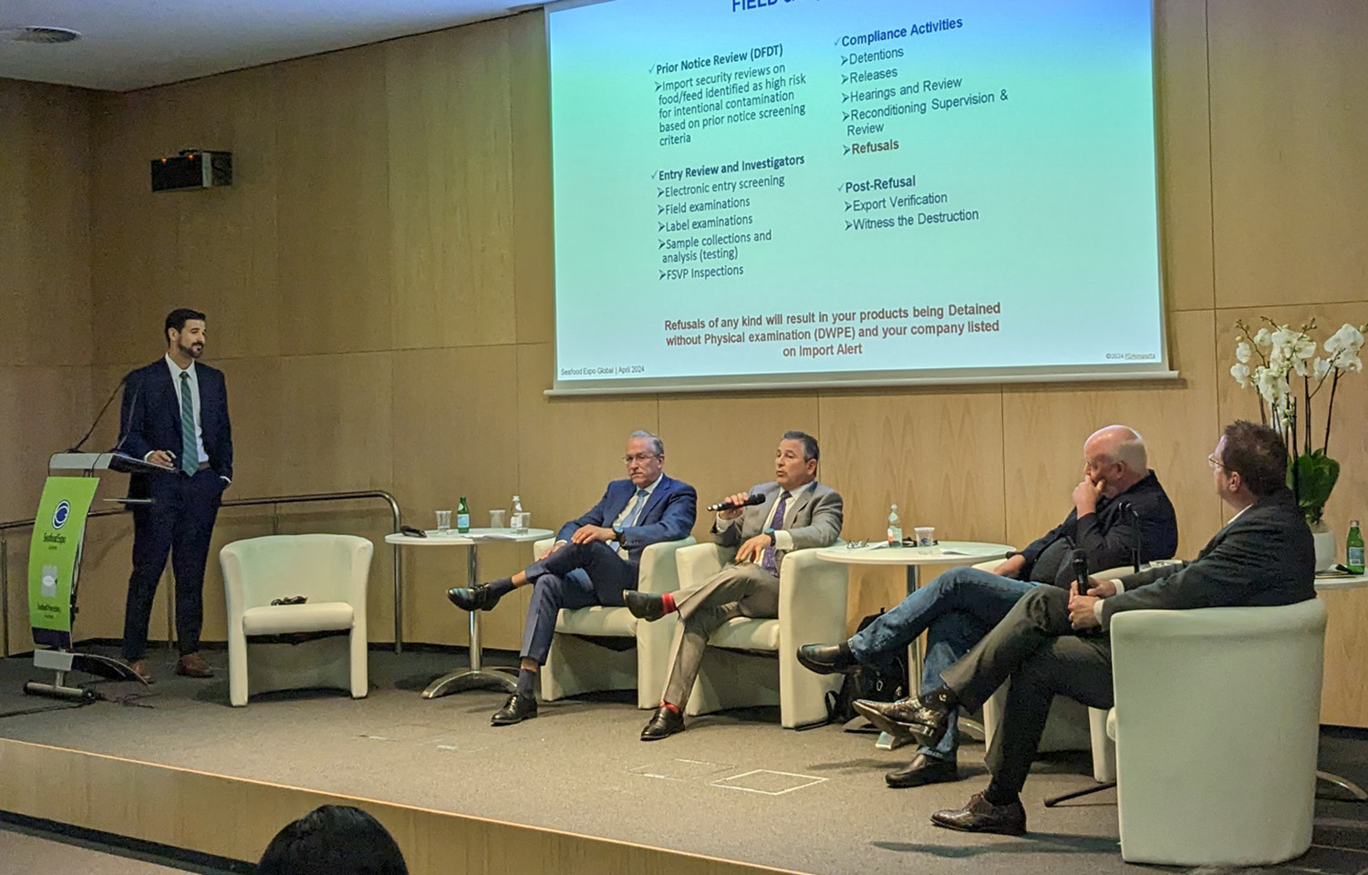Trade experts speak on a panel at the 2024 Seafood Expo Global in Barcelona, Spain