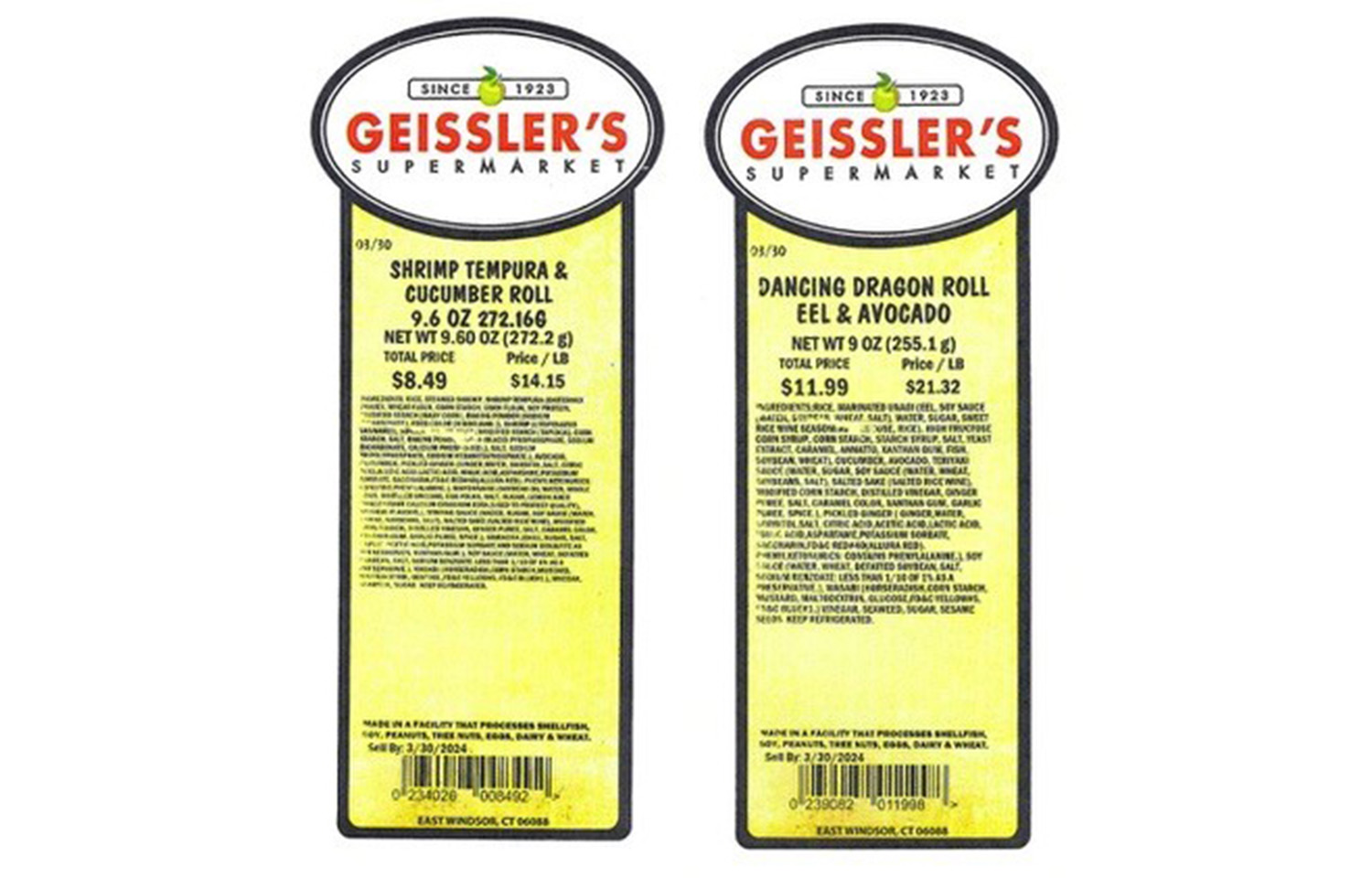 Labels of recalled Geisslers Supermarket sushi