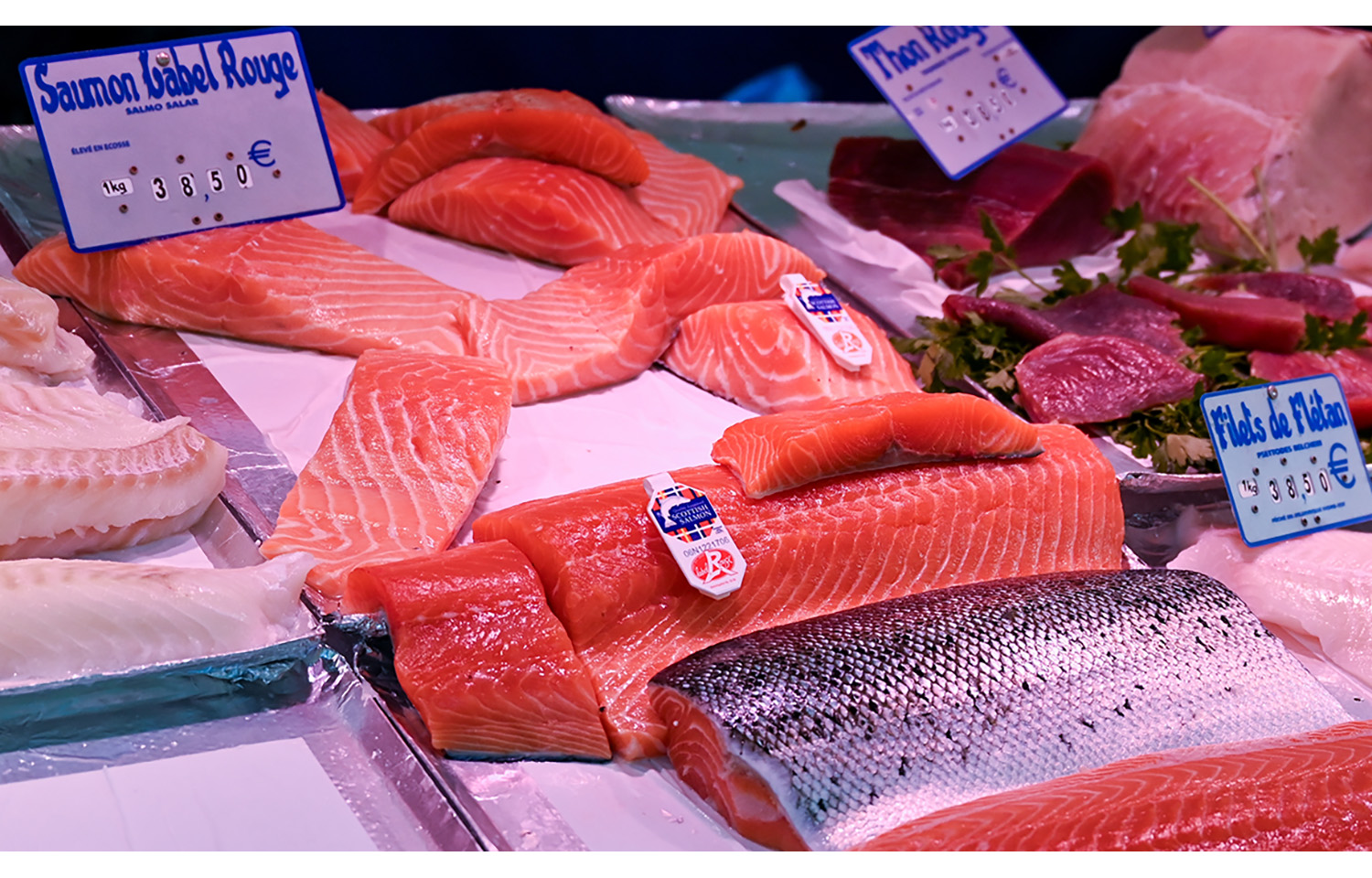 salmon for sale in a French market