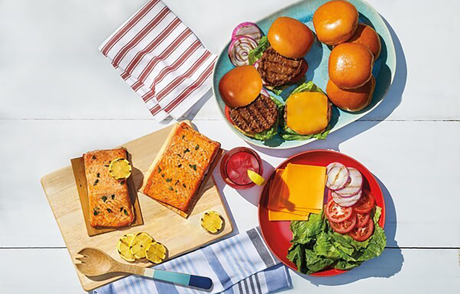 Aldi products, including salmon and burgers, that have just been grilled