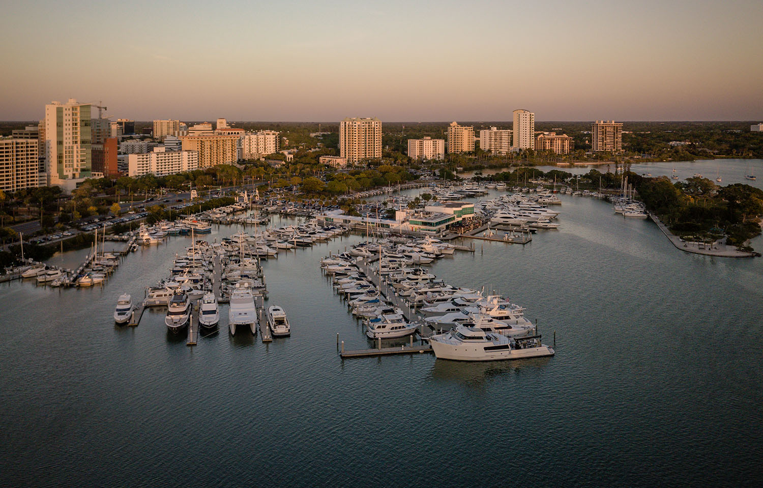 An aerial view of a set of docks in Sarasota, Florida, U.S.A.