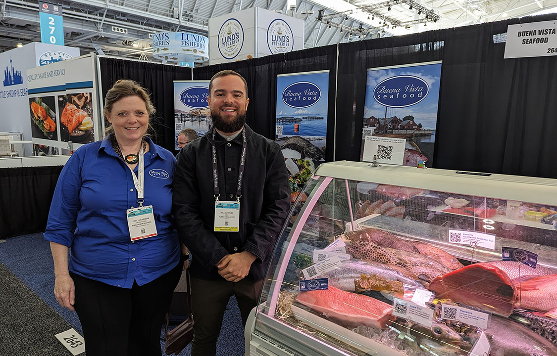 Polly Legendre with Buena Vista seafood and Kumbatia Seafood CEO Will Gertler at Seafood Expo North America