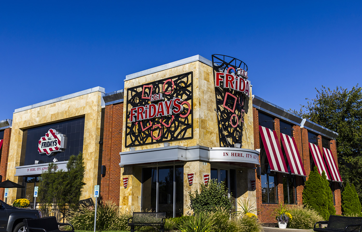 The exterior of a TGI Fridays location in Indianapolis, Indiana, U.S.A.