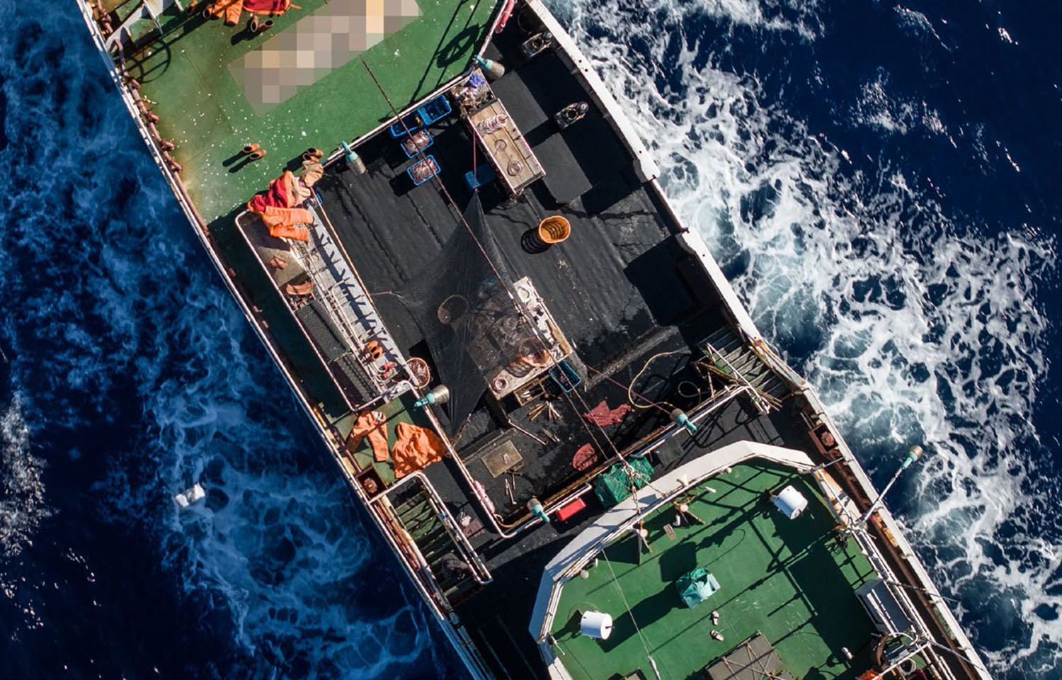 An aerial view of a Chinese tuna-fishing vessel