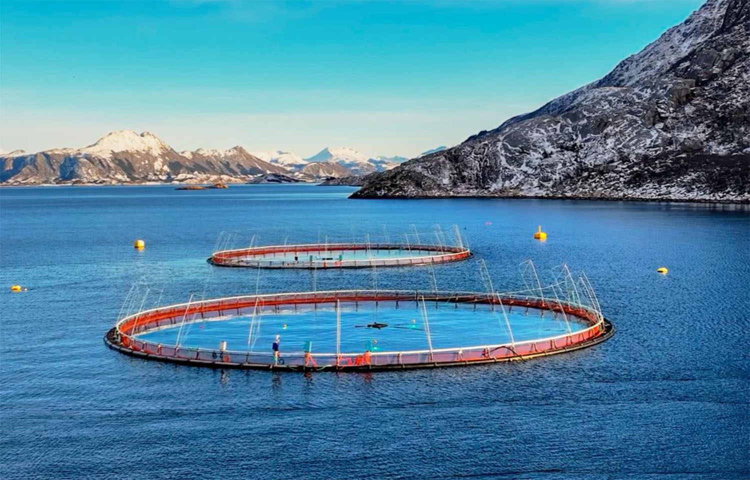 A pair of Norcod net pens in Norway
