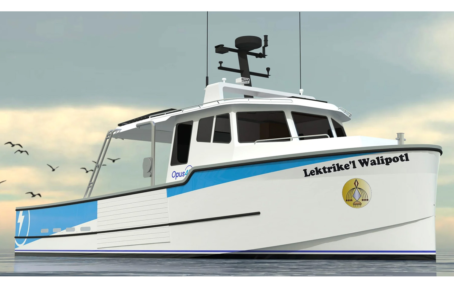 A rendering of an electric lobster vessel