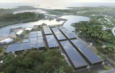 A computer-generated image of Baring Farsund's planned land-based farm in Norway.