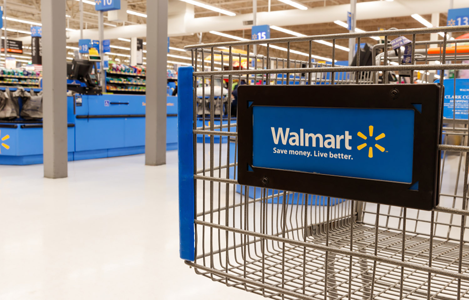 A close-up shot of a Walmart shopping cart