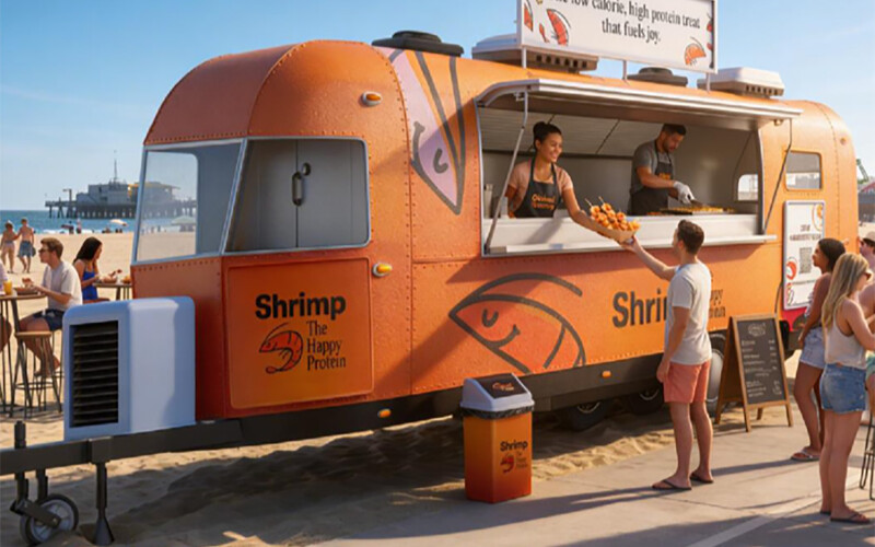 An AI-generated rendering of an orange truck serving shrimp to people on the beach
