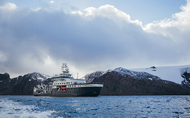 A vessel in the Antarctic Ocean surveying krill.