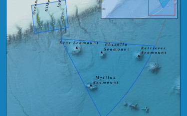 A map of the Northeast Canyons and Seamounts Marine National Monument.