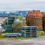 A set of snow crab pots sit on the shore.