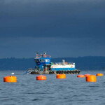 A boat tending to Salmones Austral's net pens.