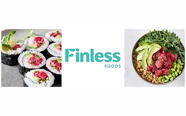 Finless foods' logo flanked by plant-based seafood analog tuna in sushi, poke.