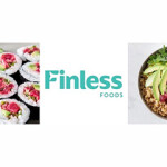 Finless foods' logo flanked by plant-based seafood analog tuna in sushi, poke.