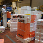 A worker in Japan inspects labeled shipments of seafood.