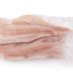 Frozen pollock fillets in clear plastic packaging.