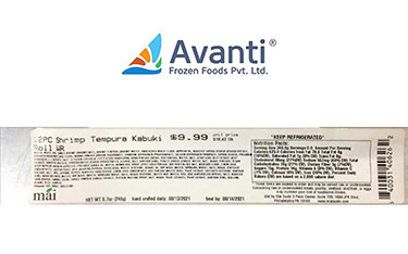 Avanti Frozen Foods logo above a store tag for Mai Franchising's Shrimp Tempura Kabuki sushi.