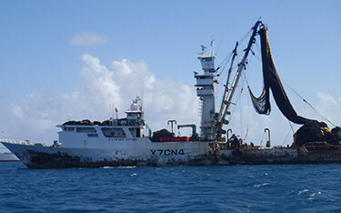 A fishing vessel utilizing a dFAD