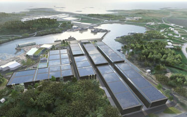 A computer-generated image of Baring Farsund's planned land-based farm in Norway.