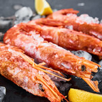 Argentine red shrimp on a black slate.