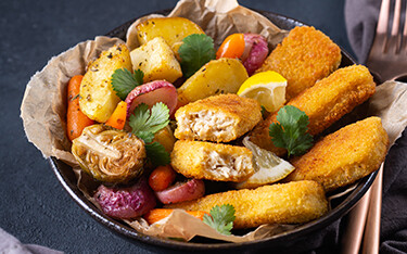 A bowl featuring plant-based seafood analogs.