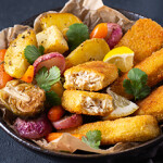 A bowl featuring plant-based seafood analogs.